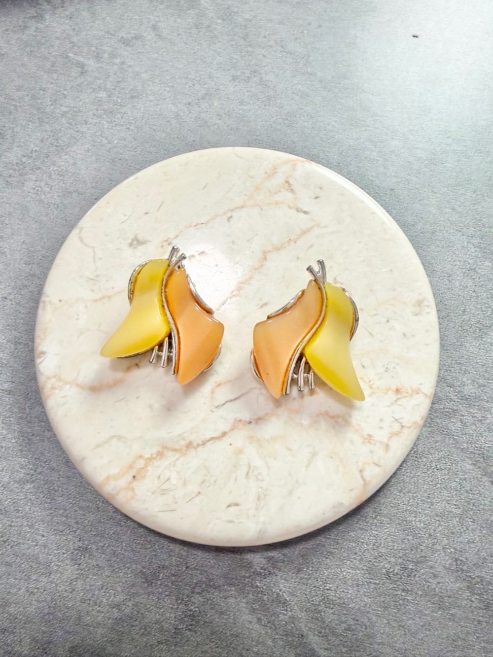 Vintage Signed Art Earrings Clip-on Moon Glow Thermoset Yellow And Orange Petal